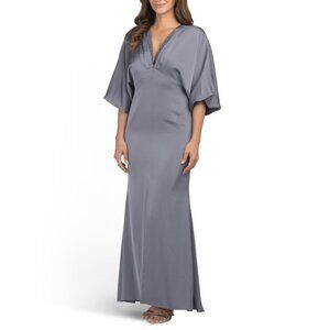 SACHIN + BABI Cool Gray Satin Gabby Long Sleeve Gown